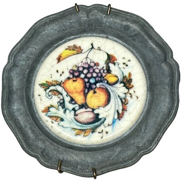 Vintage Pewter Coasters Ceramic Fruit Design Inserts Wall Decor Set of 6 READ - Picture 5 of 13